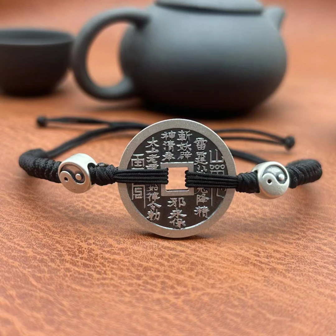 足银手链 纯银山鬼花钱手链男女款复古八卦牌编织手绳