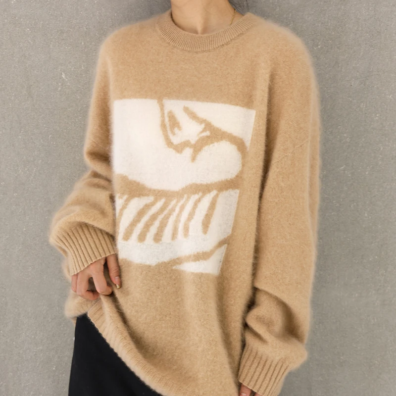 春开女士上衣拼色针织时尚宽松加厚圆领秋冬提花拉绒羊绒衫