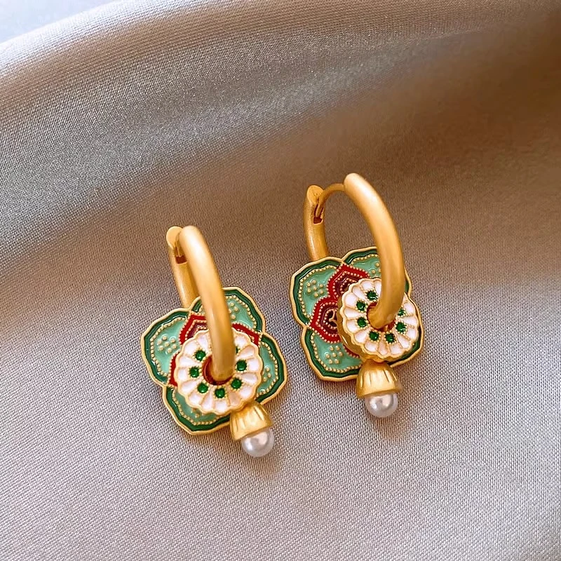 铜合金耳饰 新中式绿色耳饰女轻奢高级感气质百搭耳钉国风耳环潮