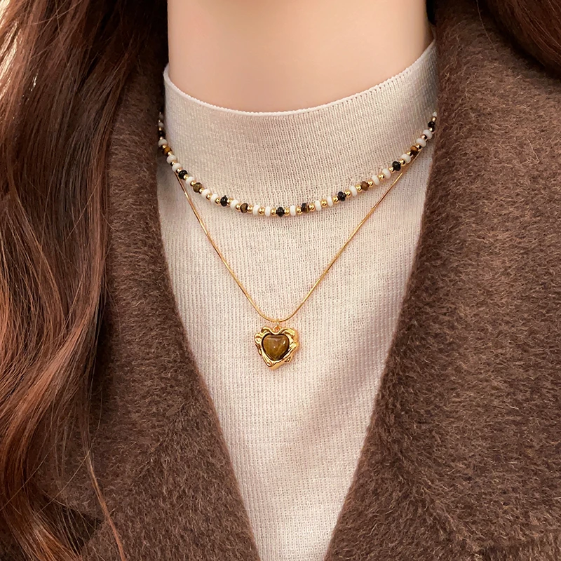 合金树脂项链 美拉德复古爱心叠戴项链女高级感秋冬毛衣链配饰潮