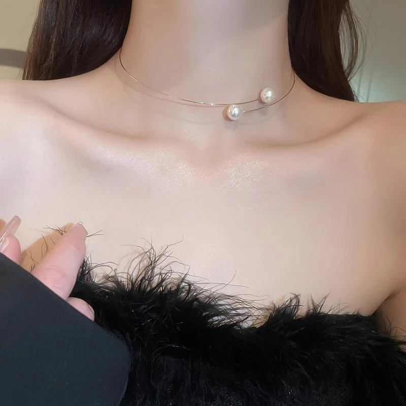 铜合金项链 仿珍珠项圈女颈带项链轻奢高级锁骨choker脖颈链配饰