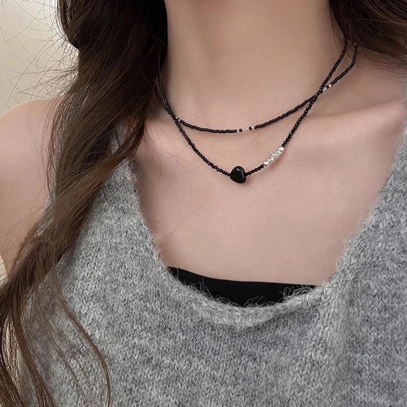 铜合金项链 黑色串珠项链女高级感轻奢小众choker叠戴锁骨链颈链