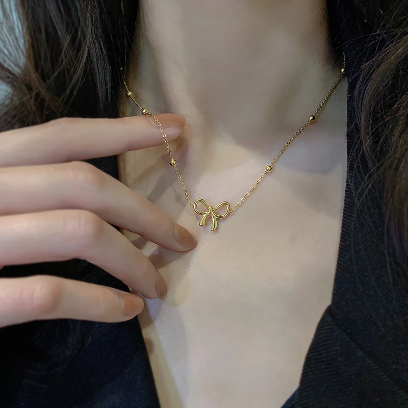 钛钢项链 不掉色蝴蝶结钛钢项链2025新款配饰金色高级感锁骨链潮