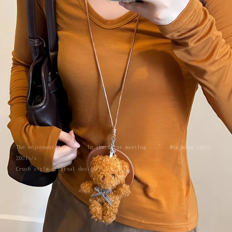 铜布艺项链 毛绒小熊长款挂脖项链女ins毛衣链包包挂件卫衣链配饰