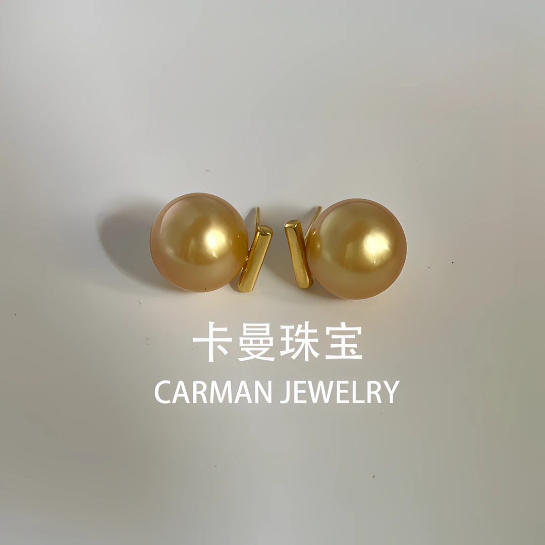 菲律宾南洋海水金珠平衡木款耳钉浓金气质时尚