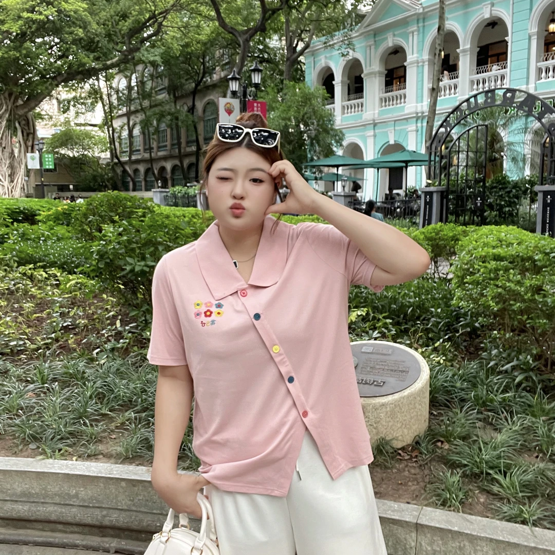 【洋开心定制】2024新款夏季显瘦POLO领刺绣开叉显瘦百搭大码T恤
