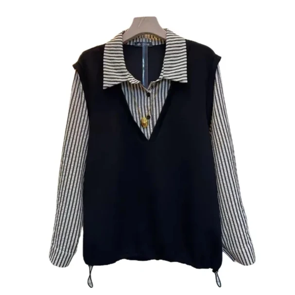 时尚百搭简约风大码胖妹妹条纹拼接假两件T恤衣长68左右遮肉显瘦