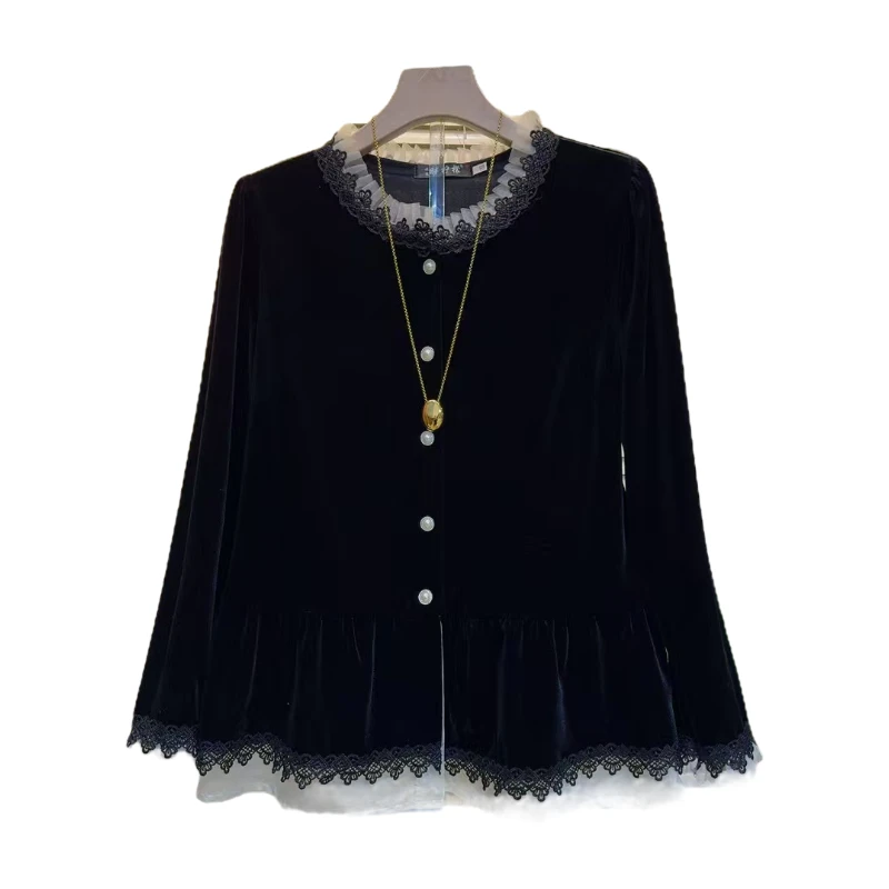 时尚胖妹妹纱网拼接洋气柠檬气质长袖女人衫衣长64左右百搭