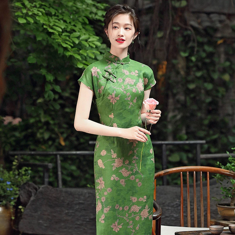 气质优雅旗袍新款女复古中国风苎麻印花日常改良绿色