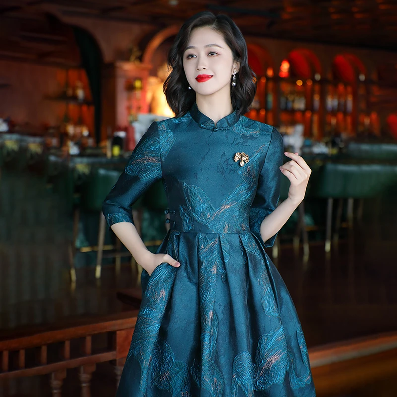 【思琪精选】优雅旗袍高贵裙春季新款复古中国风提花中式改良生活装