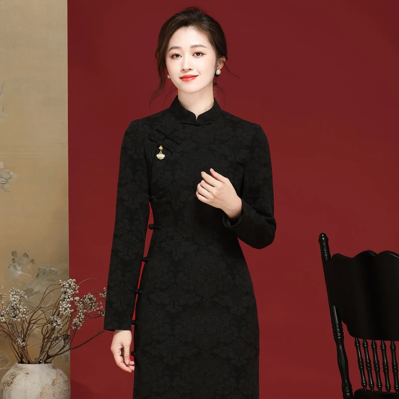 【思琪精选】全开襟复古旗袍秋季新款中国风黑色提花日常改良24318