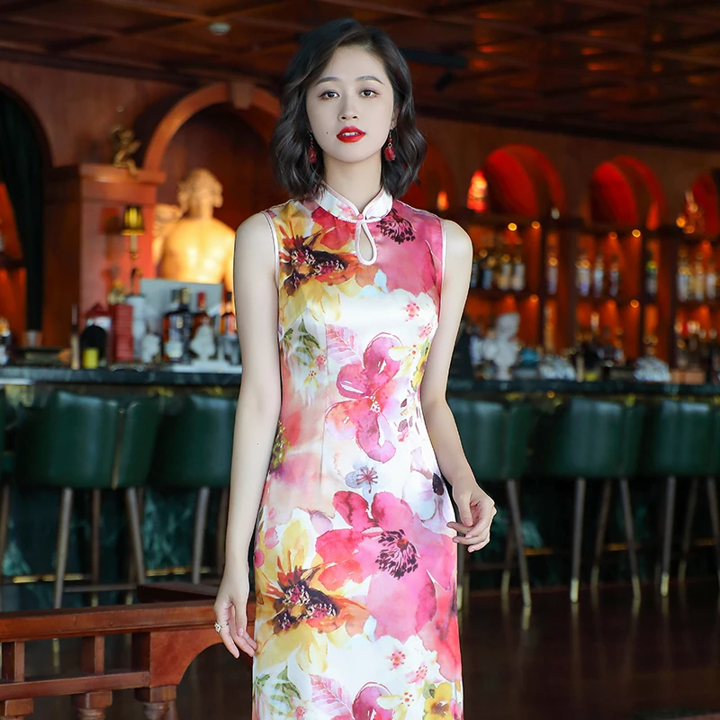 弹力缎真丝旗袍夏季新款复古中国风日常改良连衣裙中长款24265