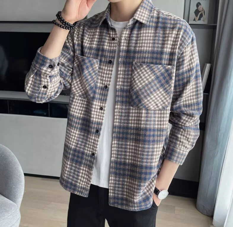 新款毛呢男士外套春秋冬时尚格子夹克翻领潮流百搭男上衣ins