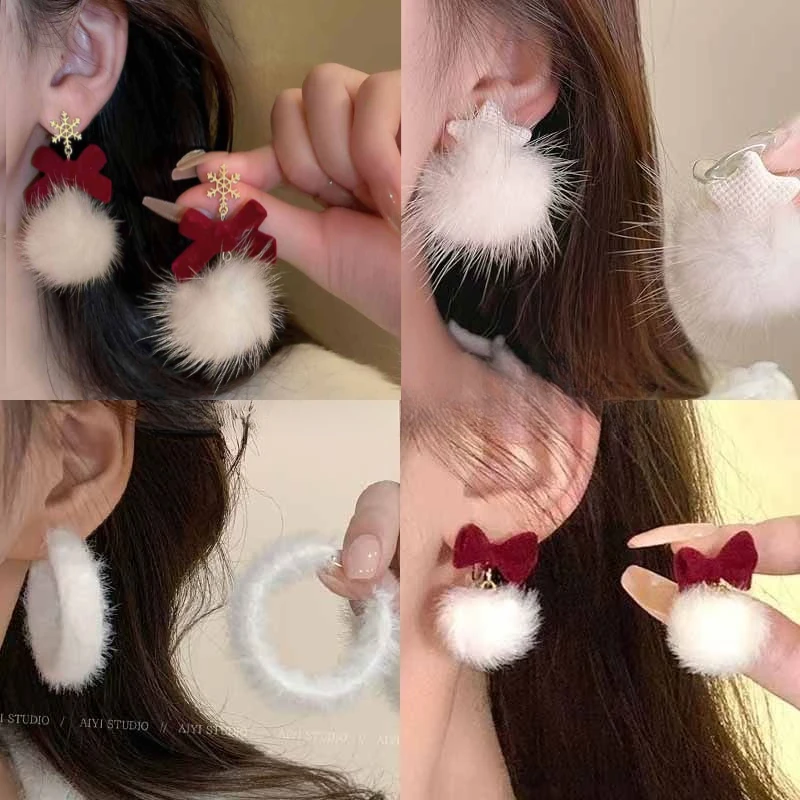 合金耳饰 2024年秋季新款雪花毛球耳环日韩女秋冬毛绒绒耳钉耳饰