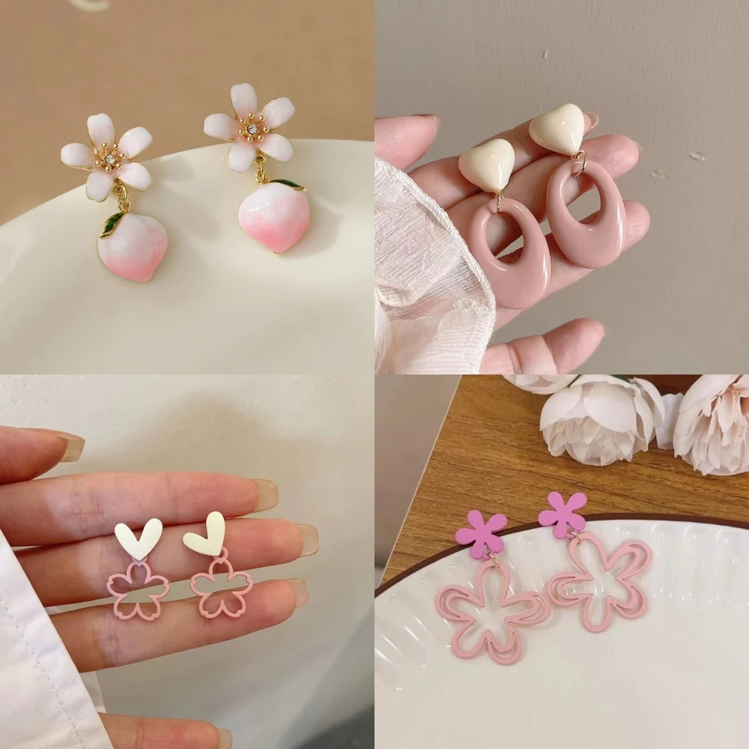 合金耳饰 新款镂空粉色花朵夸张吊坠耳钉小众设计感可爱耳环夏季