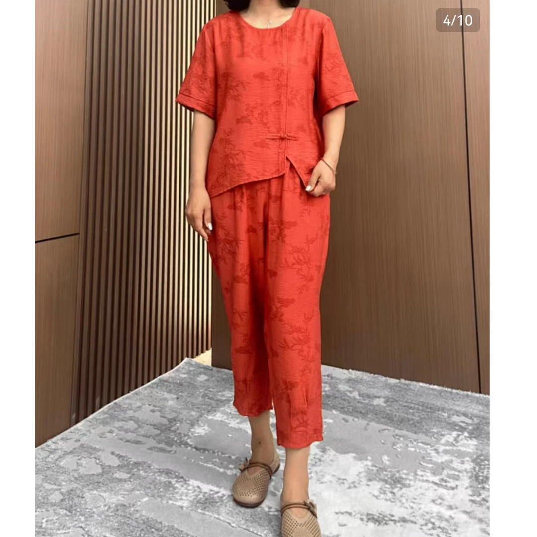 4885妈妈装夏装两件套洋气时尚宽松薄款夏短袖套装（新仓库一楼）