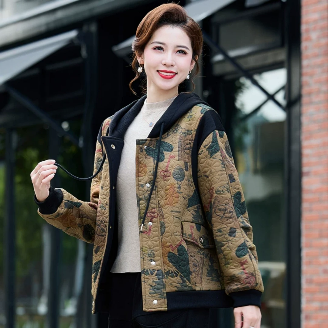 0086妈妈春装外套休闲百搭气质短款连帽夹克宽松复古上衣