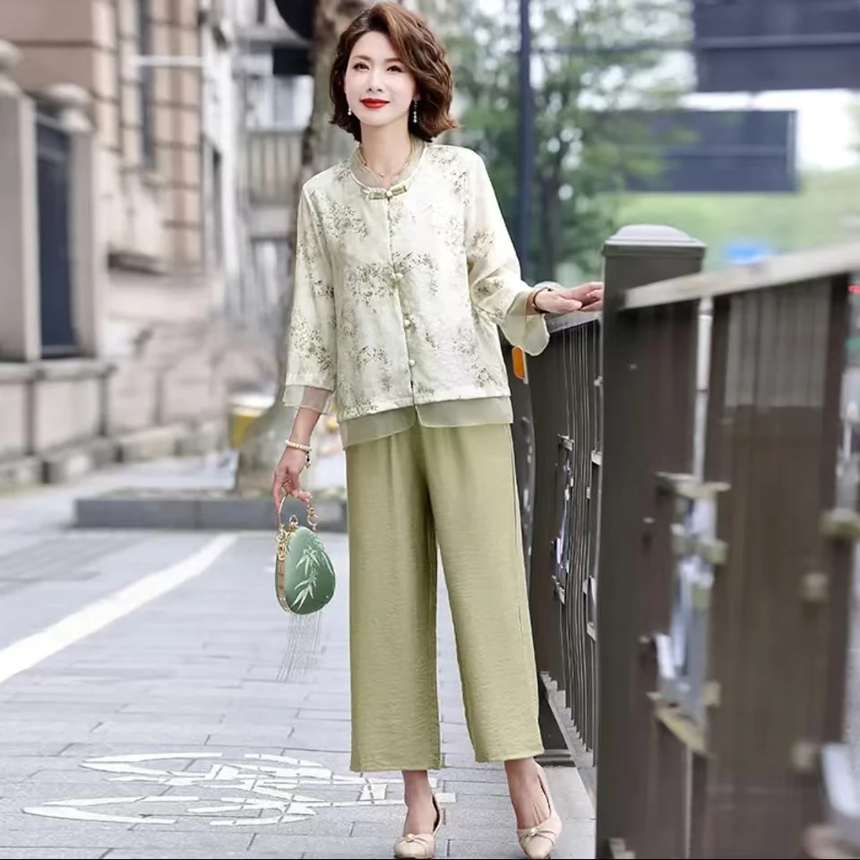 【亿家精选】4330新中式中年妈妈夏装新款套装上衣裤子两件套