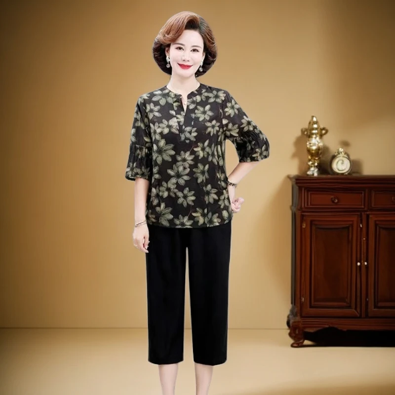 4615优雅中老年国风女夏装复古短袖上衣妈妈装减龄套装一楼小屋
