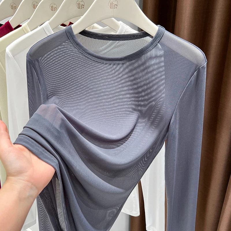 灰色网纱打底衫女长袖圆领透明薄纱内搭纱衣性感透视蕾丝上衣高级