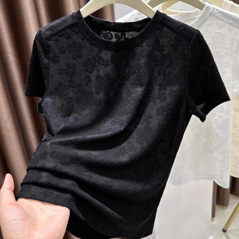 提花蕾丝短袖t恤女内搭2024夏季新款设计感圆领打底衫宽松薄上衣