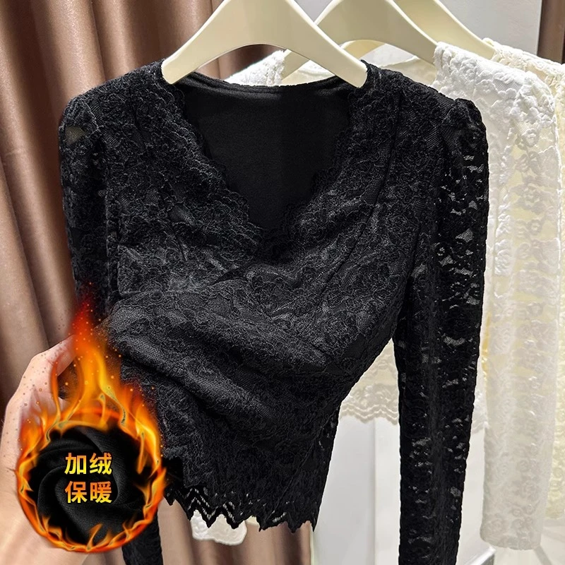黑色加绒加厚蕾丝打底衫女秋冬季新款高级感磨毛内搭保暖v领小衫