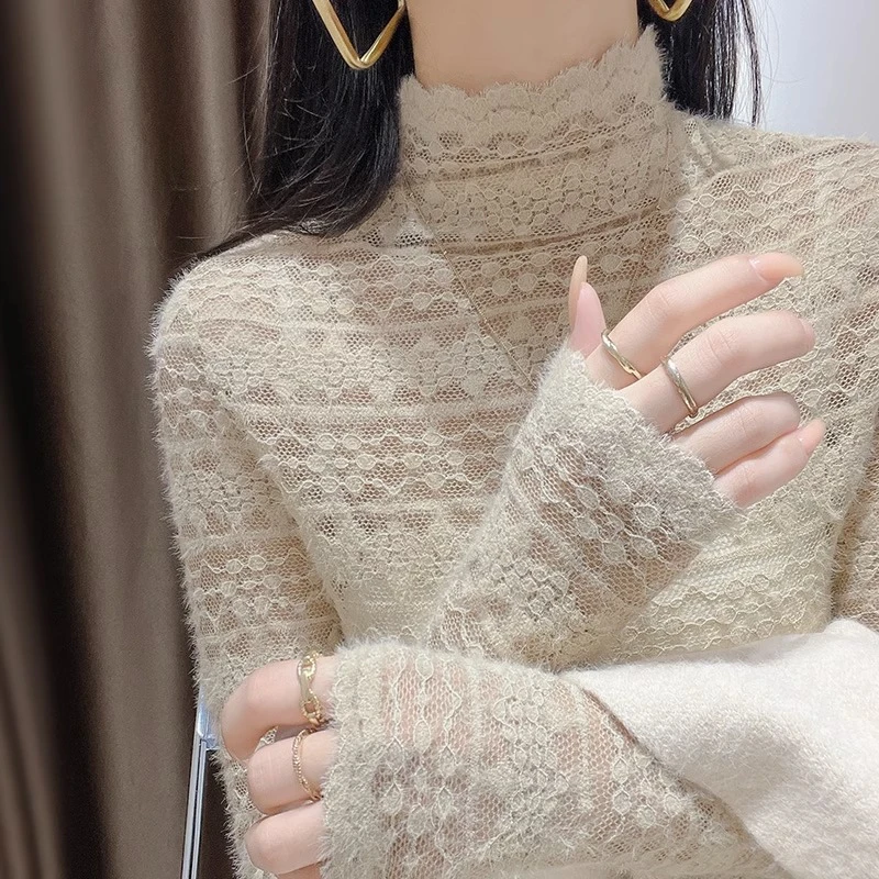 半高领精致蕾丝打底衫女款爆款2024新款修身温柔气质长袖网纱上衣