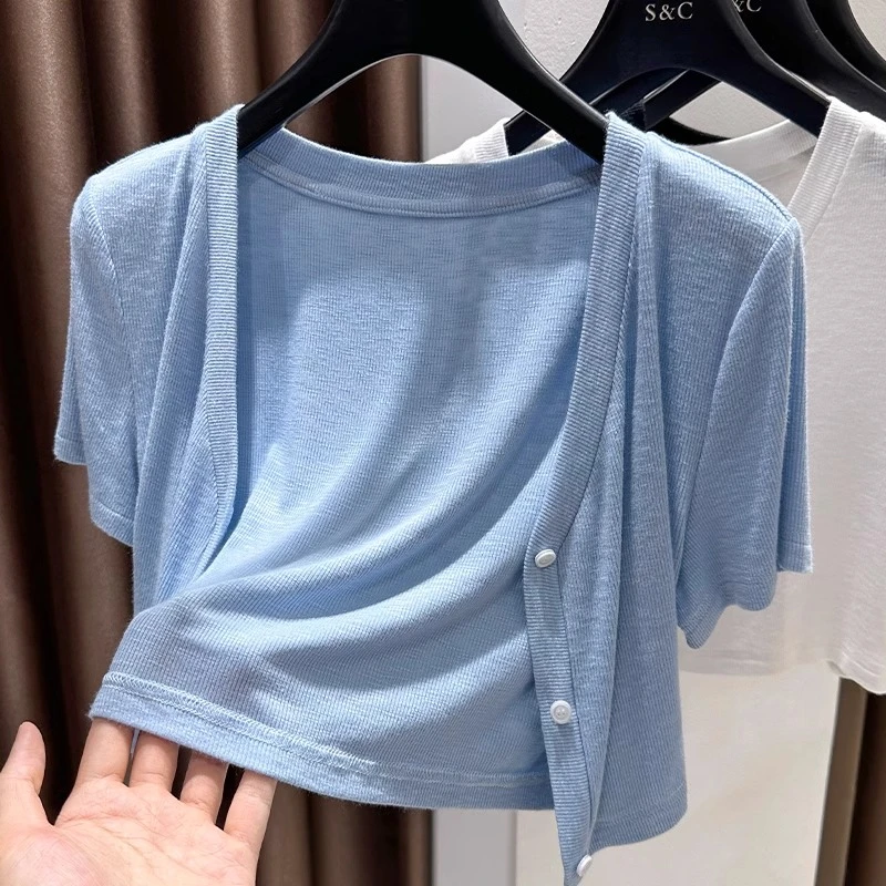 冰丝短袖防晒开衫女夏天裙子外搭披肩蓝色针织薄款空调小坎肩上衣