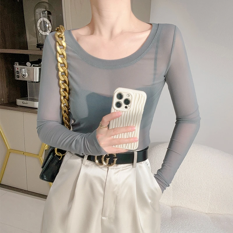 低领网纱打底衫女夏季内搭长袖微透视性感薄纱衣灰色弹力蕾丝上衣