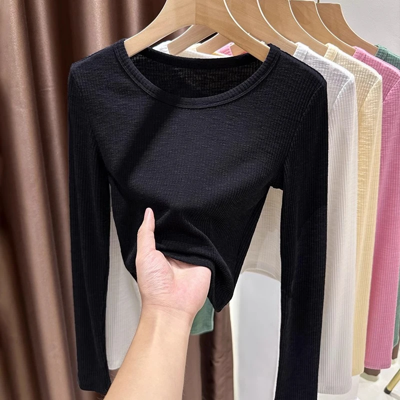 气质圆领时尚百搭长袖T恤显瘦内搭女士打底衫薄款纯色洋气上衣女