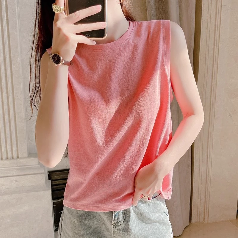 粉色坎肩背心女夏季宽松薄款针织无袖t恤外穿上衣砍袖打底内搭
