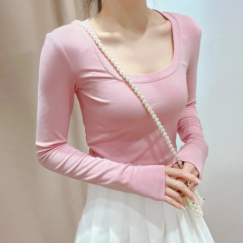 粉色U领打底衫女夏季新款时尚正肩长袖高腰T恤小众别致上衣早春