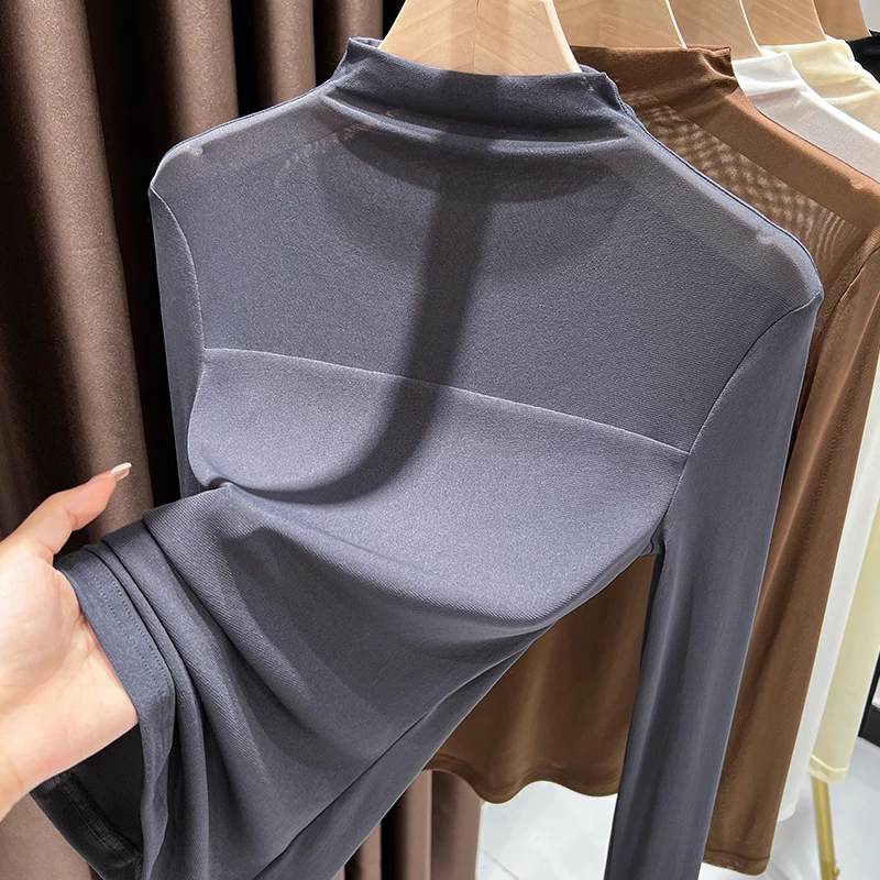 双层网纱打底衫女长袖高端薄款纱衣洋气半高领毛衣内搭蕾丝上衣秋