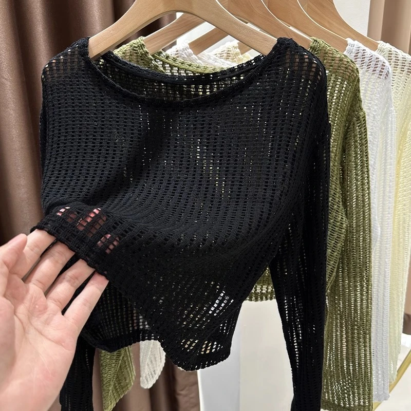 黑色镂空罩衫女2024吊带外搭夏季辣妹风长袖防晒t恤高腰短款上衣