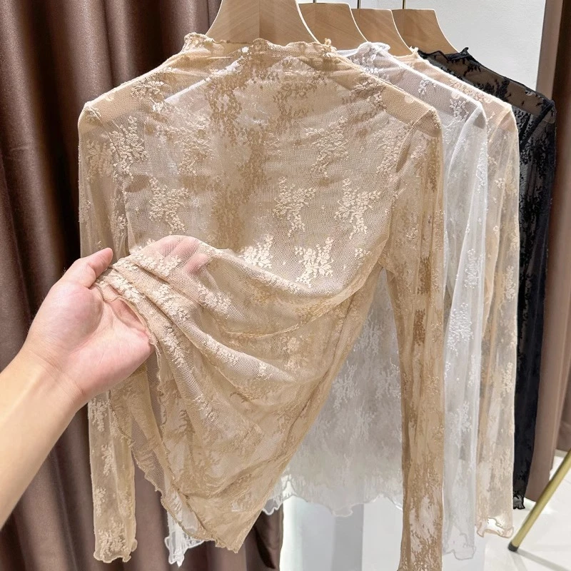 半高领蕾丝打底衫女秋季木耳边薄纱内搭上衣纯色透明网纱长袖t恤