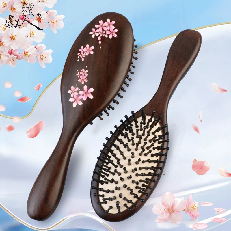 虞美人梳子天然黑檀木气囊梳顺发漆艺气垫梳子圣诞礼物送女友礼物