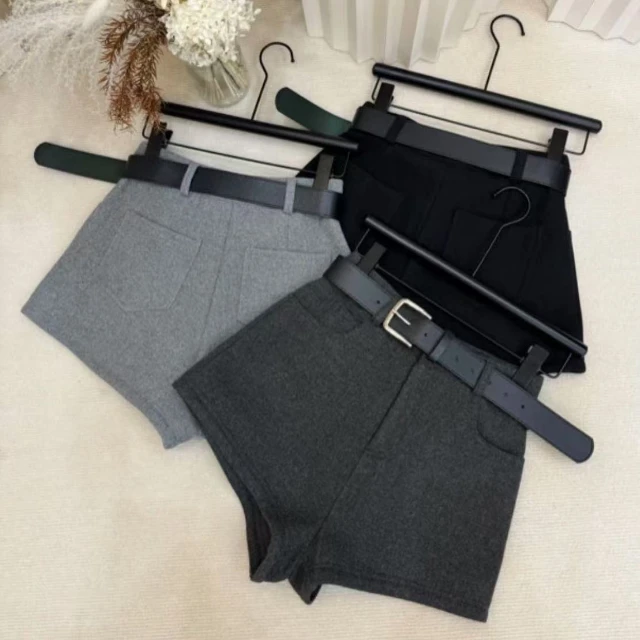 秋冬新款时尚复古A字毛呢短裤设计感高腰显瘦气质辣妹短裤百搭