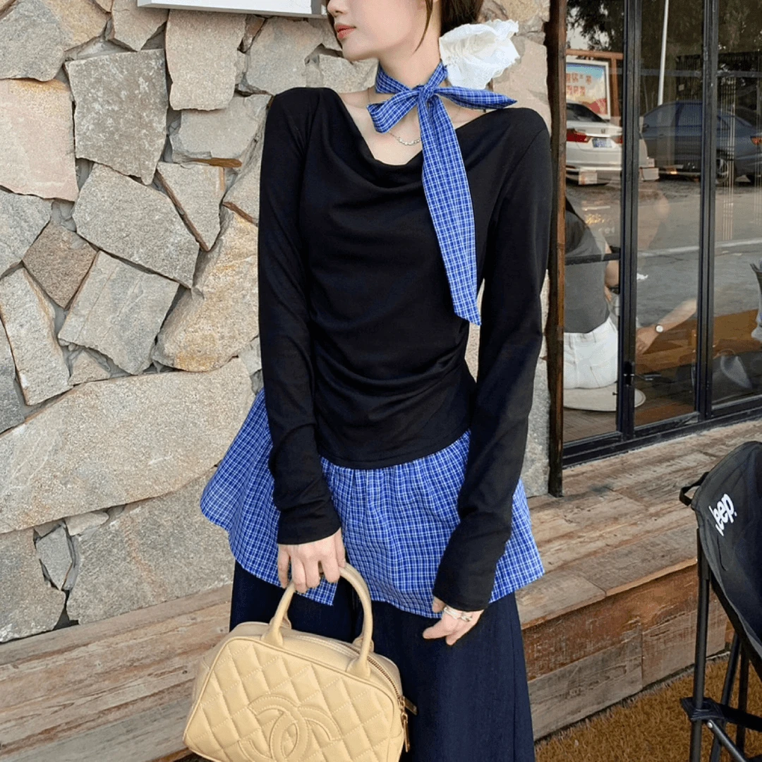 时尚百搭打底衫秋冬季荡领慵懒宽松长袖假两件上衣+飘带