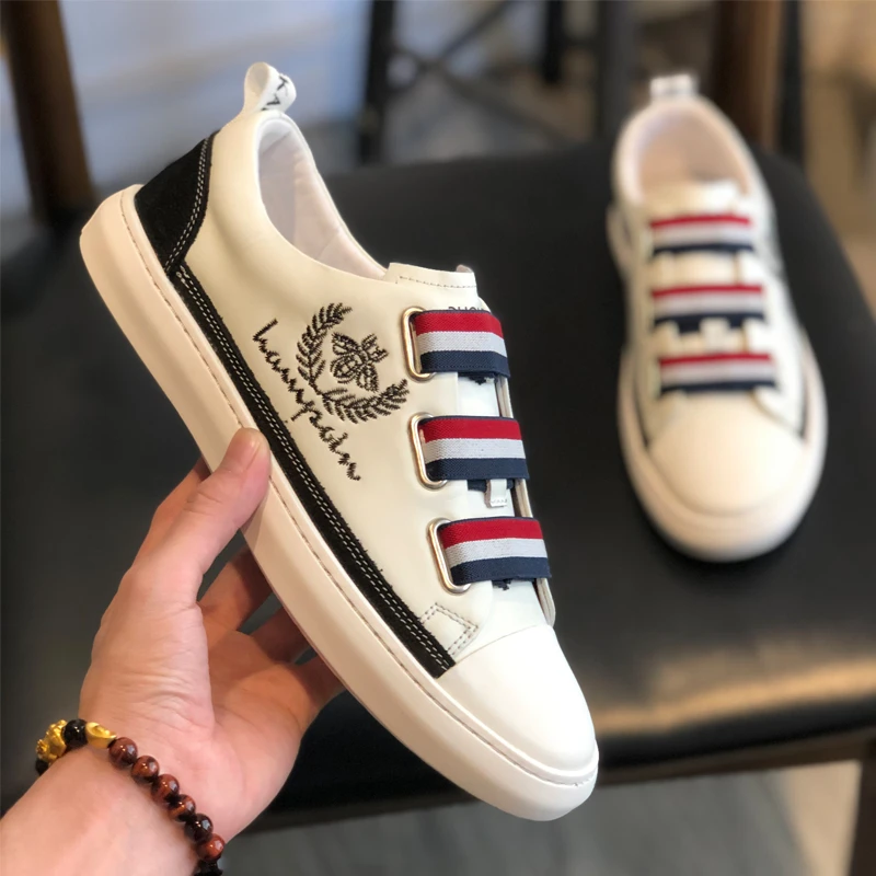 高端时尚百搭男鞋夏季透气真皮小白鞋男士白色低帮一脚蹬懒人潮鞋