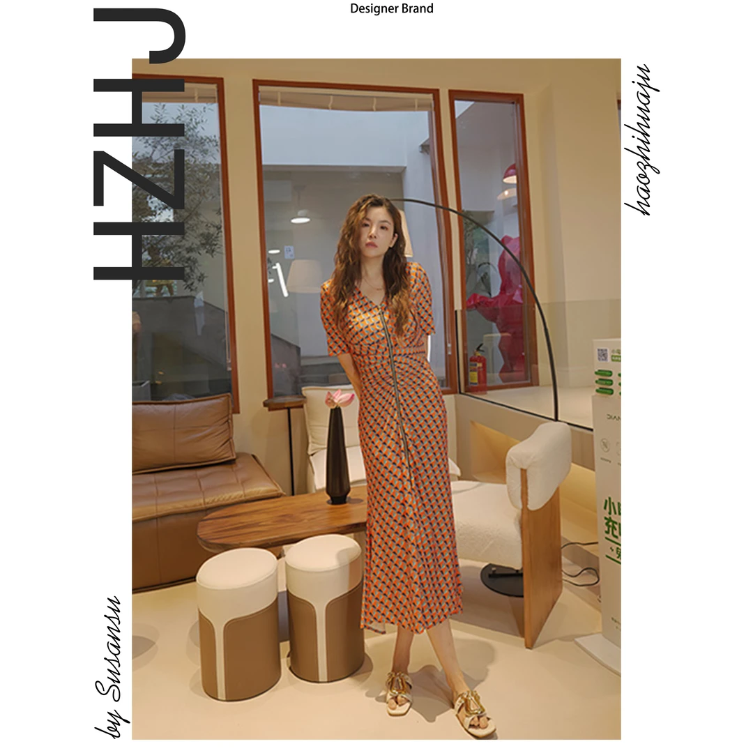 HZHJ新款原创设计师款橘恋花连衣裙显白显瘦高级轻奢洋气001新