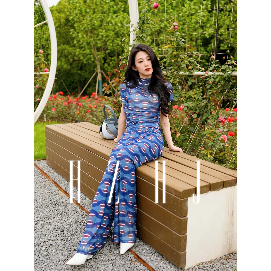 HZHJ新款原创设计师款  蓝色幻想套装裤 显白显瘦高端轻奢洋气291