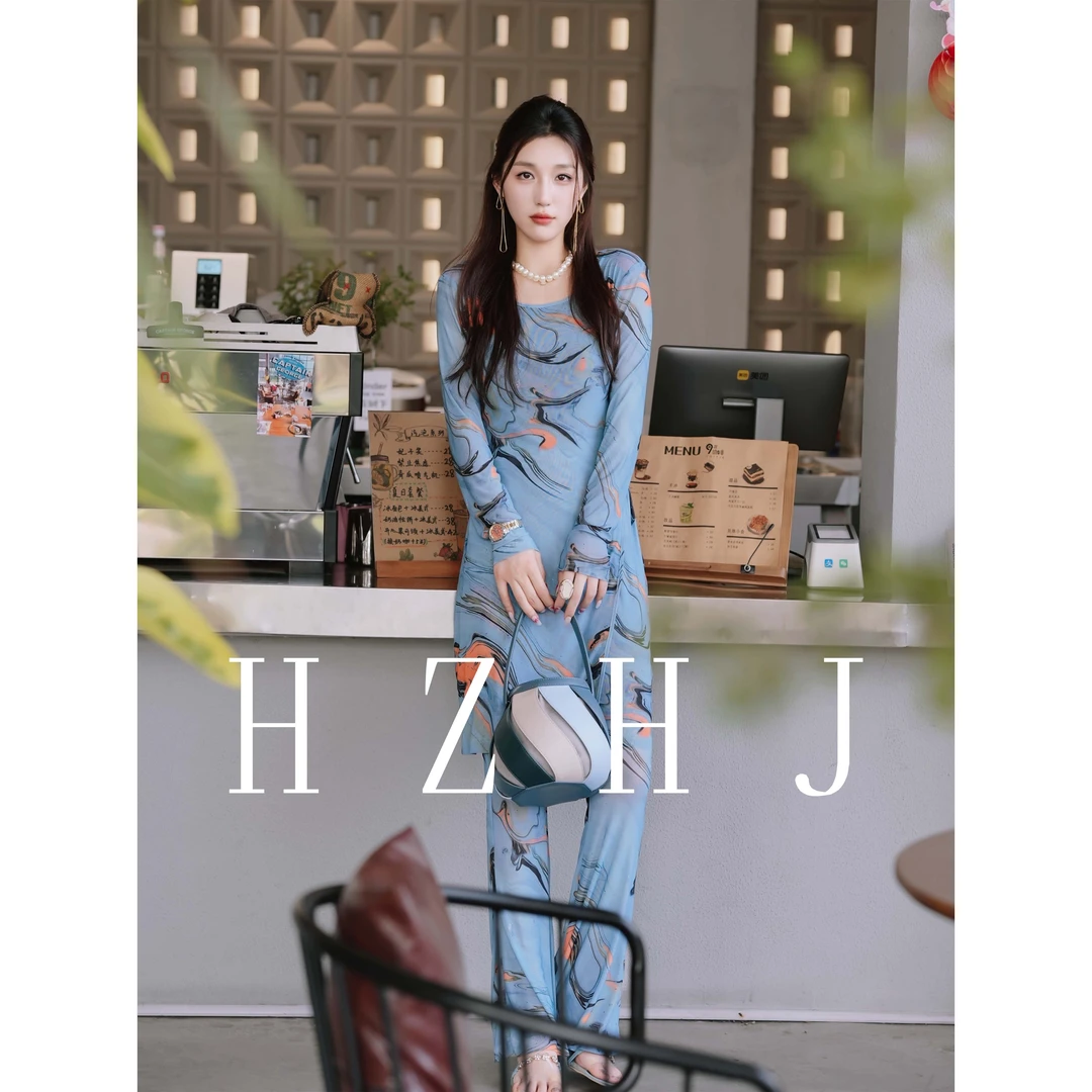 HZHJ新款原创设计 蓝尾燕 套装裤花卉法式洋气款高级显瘦639