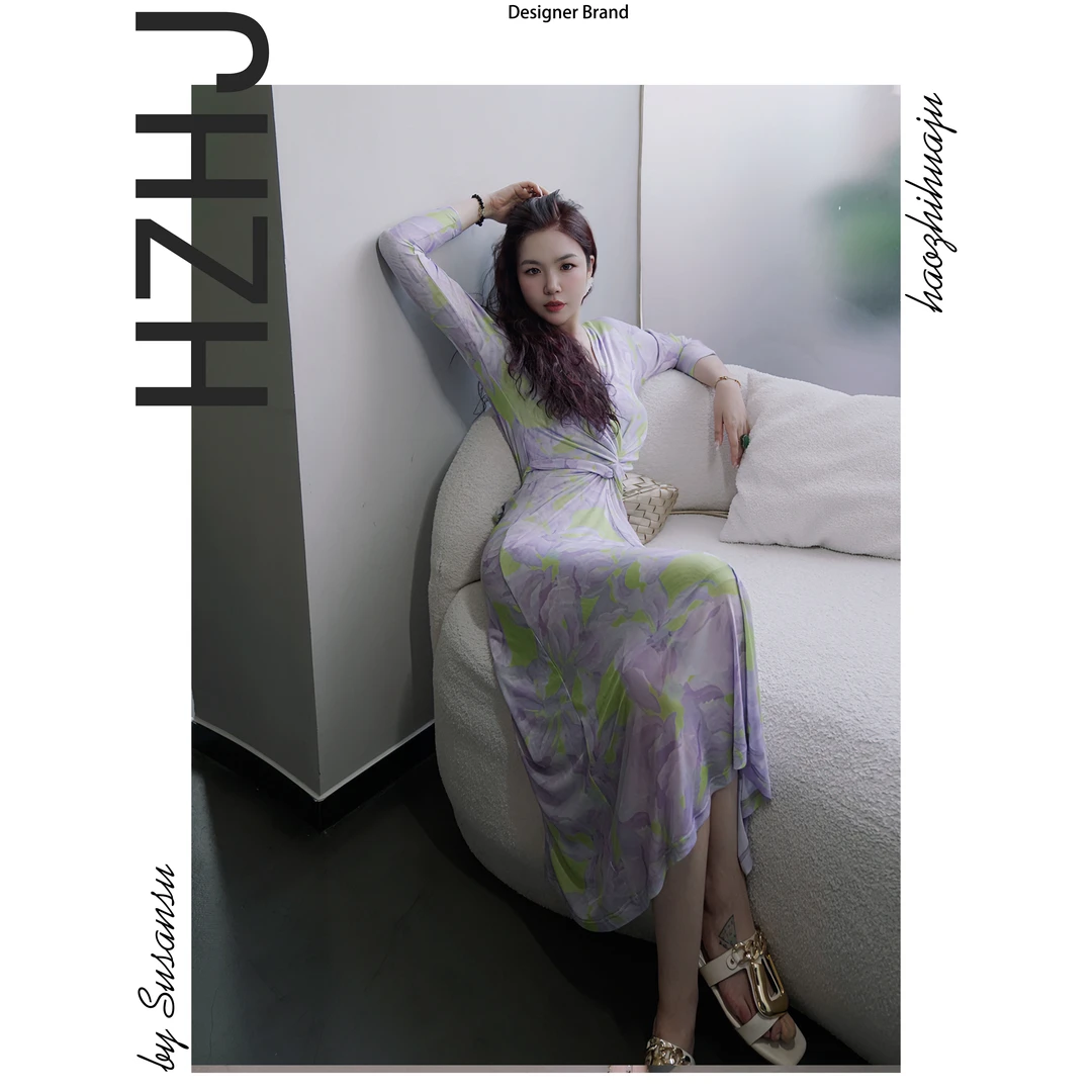 HZHJ新款原创设计师款紫间绿意套装裙显瘦垂坠感小众洋气11224