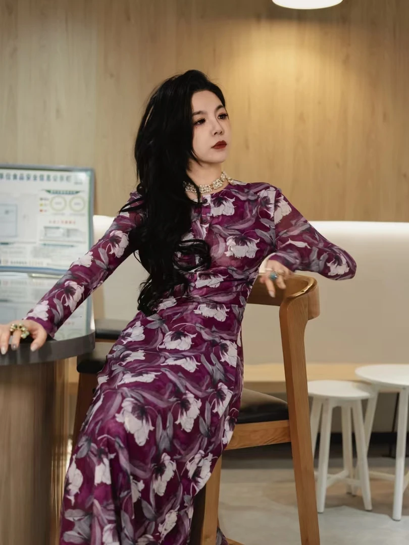 HZHJ新款原创设计 玫红茉莉  连衣裙长袖轻奢贵族秀款1449