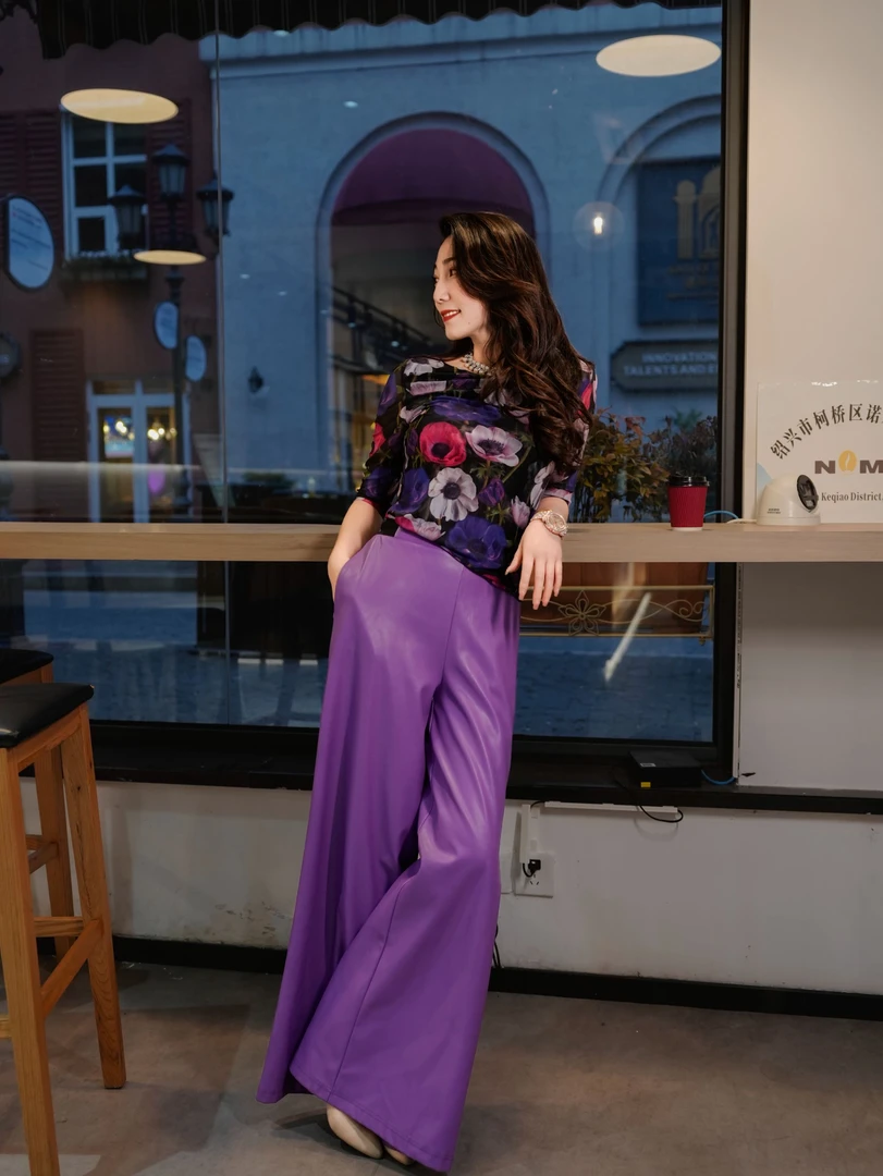 HZHJ新款时尚！紫符号休闲长袖上衣服装1527紫色宽松印花女装女士