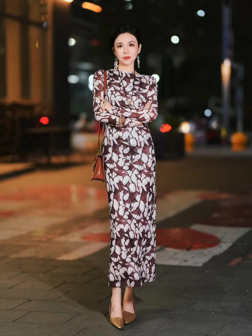 HZHJ新款设计师款 棕白花影 长袖连衣裙 显瘦轻奢通勤1215
