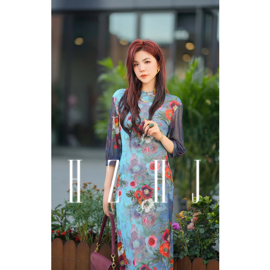HZHJ新款原创设计 “蓝色花海” 中袖连衣裙花卉御姐奢华秀款290
