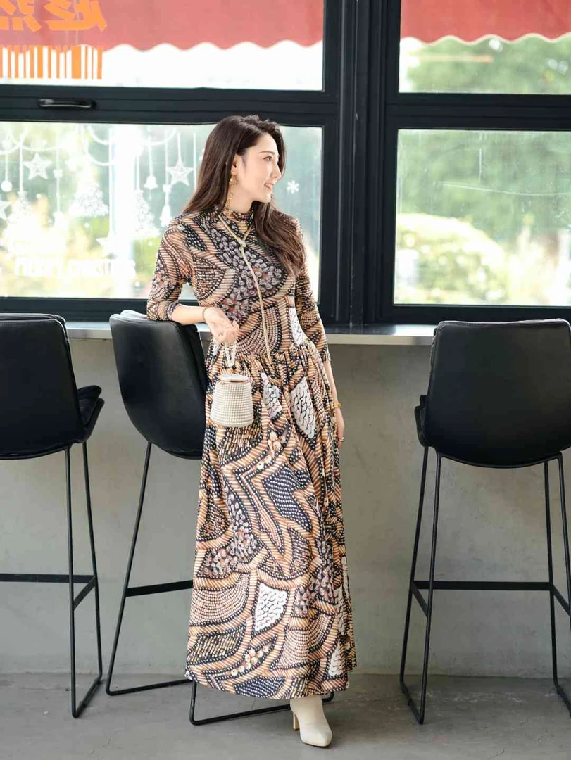 HZHJ新款设计师款 棕波点拼接 长袖连衣裙 显瘦轻奢通勤1061