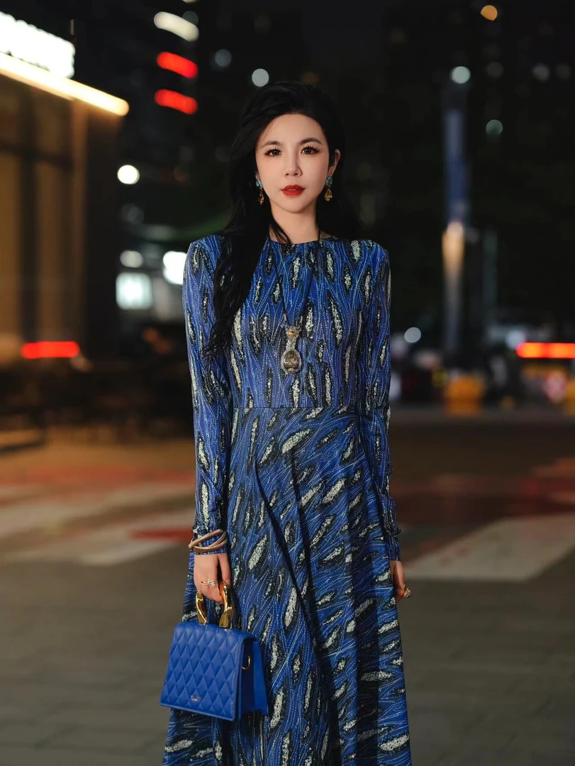 HZHJ新款设计师款 蓝底羽毛 长袖连衣裙 显瘦轻奢通勤1220