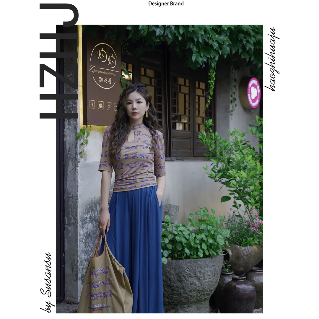 HZHJ原创设计师款奔腾小野马短袖中式修身优雅古典气质夏季 727